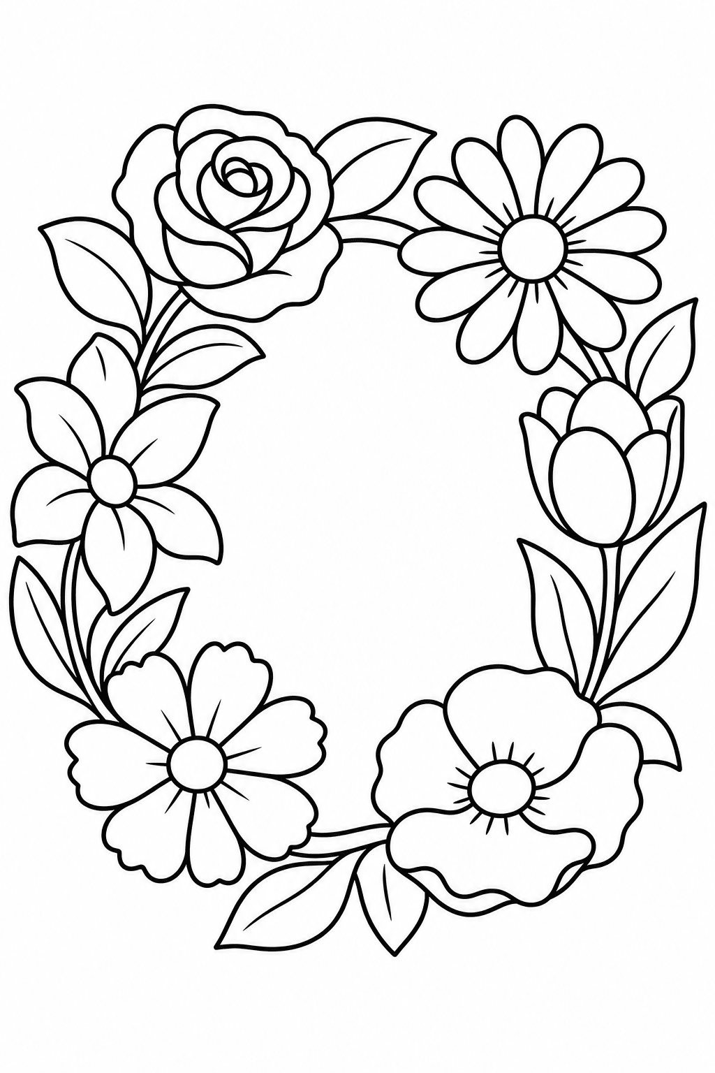 Easy floral wreath coloring page line art